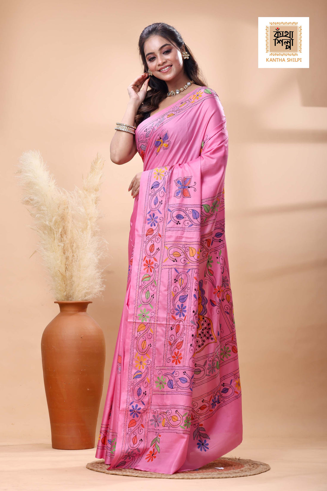 Pink Color Bangalore Silk Multicolor Thread Work Kantha Stitch Saree