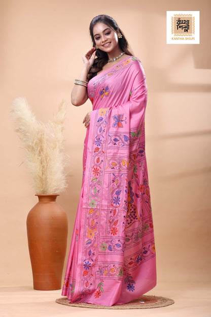 Pink Color Bangalore Silk Multicolor Thread Work Kantha Stitch Saree