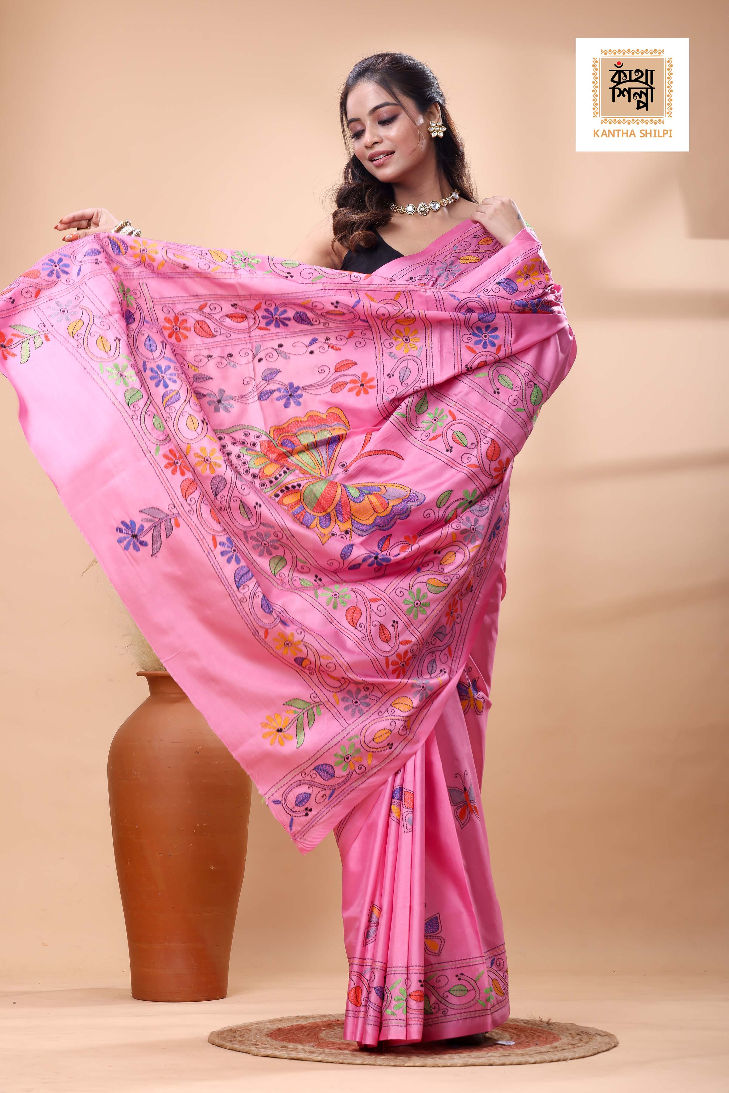 Pink Color Bangalore Silk Multicolor Thread Work Kantha Stitch Saree