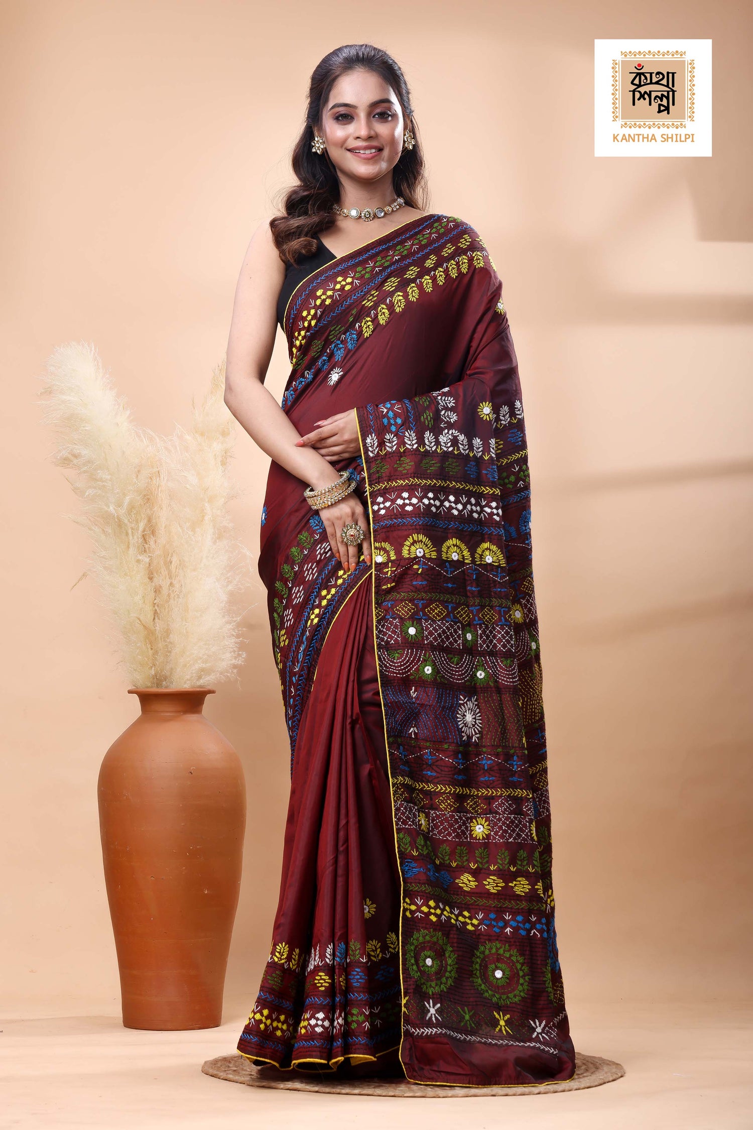 Maroon Color Bangalore Silk Multicolor Thread Work Lambani Stitch Saree