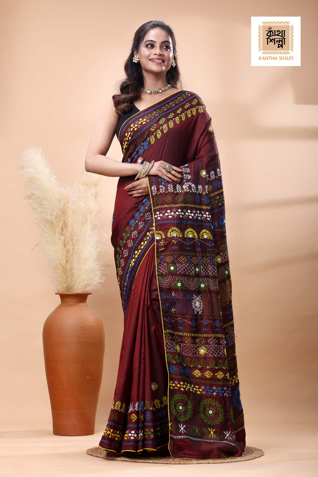 Maroon Color Bangalore Silk Multicolor Thread Work Lambani Stitch Saree