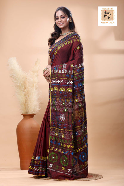 Maroon Color Bangalore Silk Multicolor Thread Work Lambani Stitch Saree
