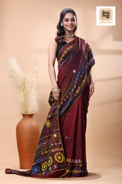 Maroon Color Bangalore Silk Multicolor Thread Work Lambani Stitch Saree
