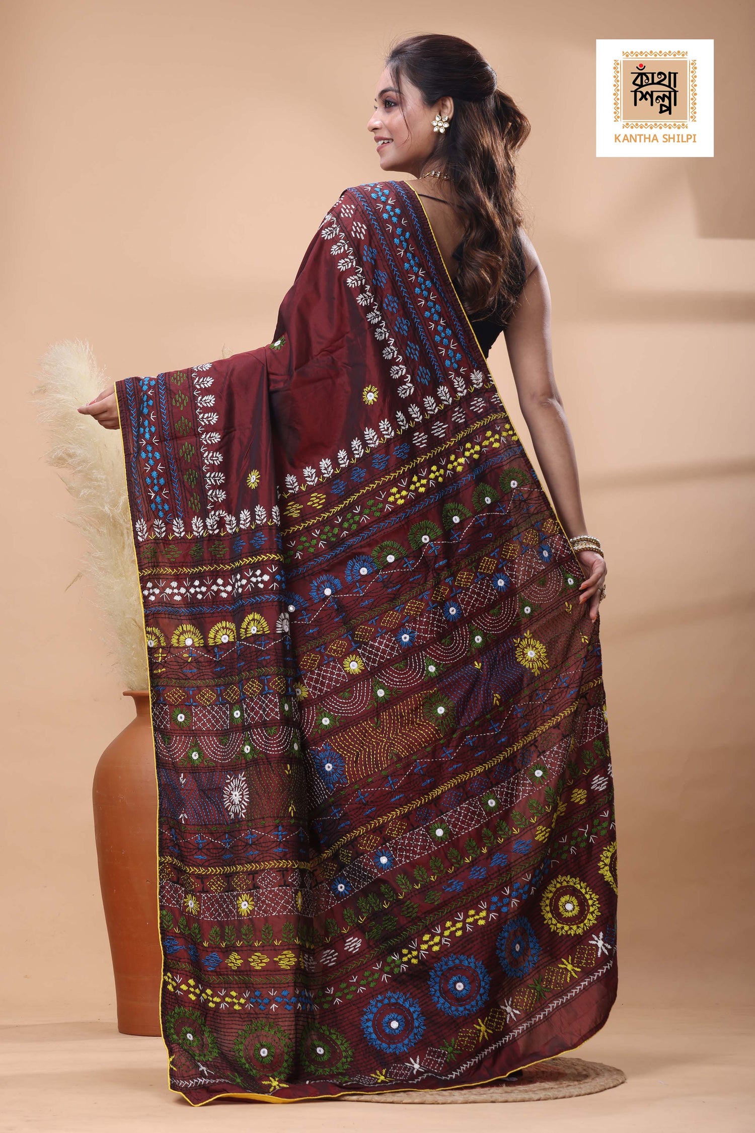 Maroon Color Bangalore Silk Multicolor Thread Work Lambani Stitch Saree