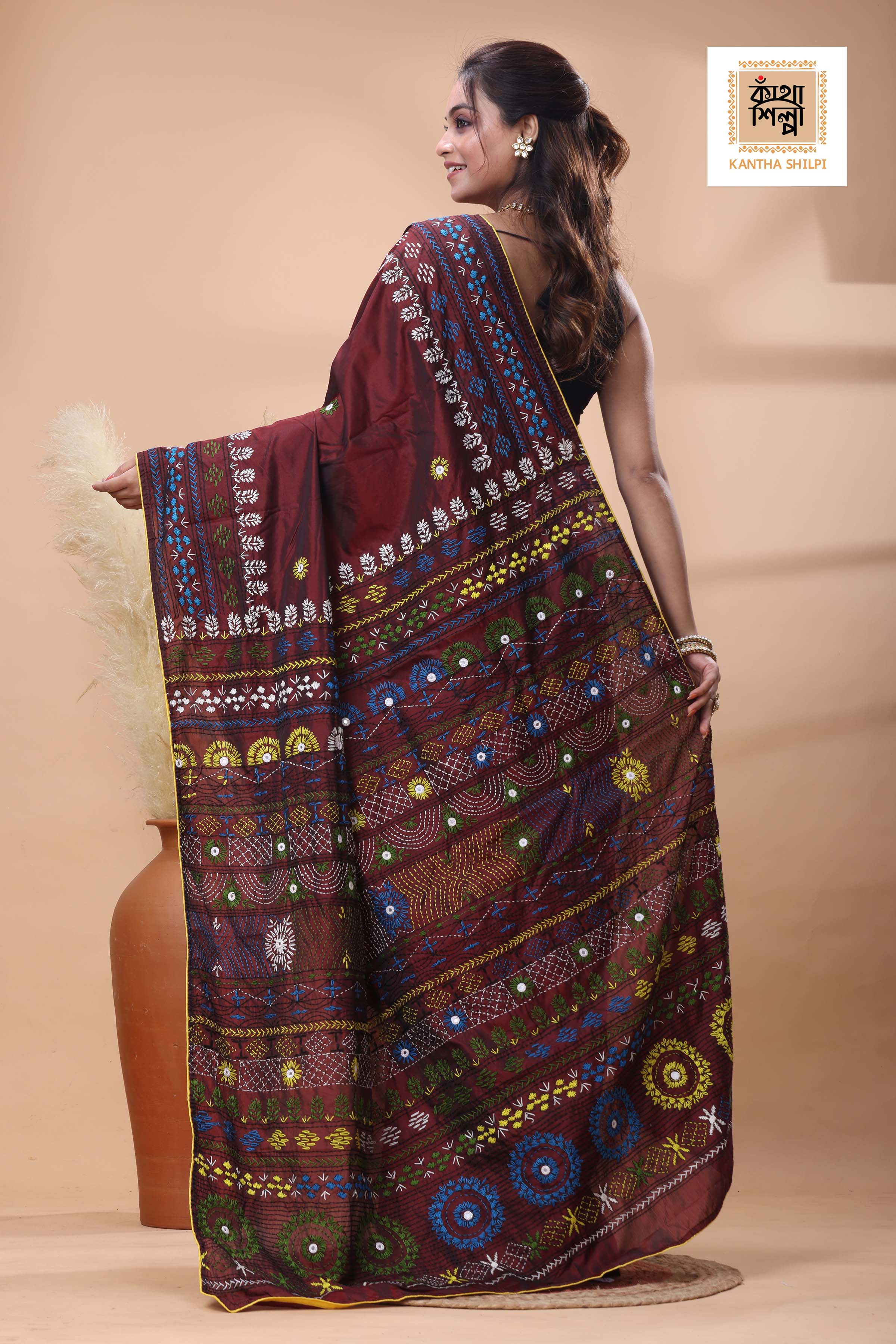 Maroon Color Bangalore Silk Multicolor Thread Work Lambani Stitch Saree