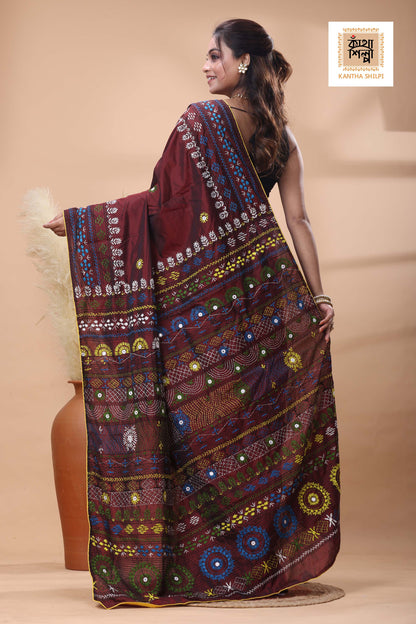 Maroon Color Bangalore Silk Multicolor Thread Work Lambani Stitch Saree