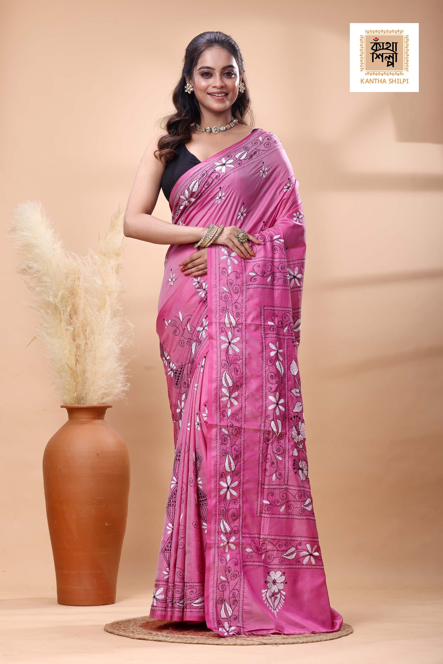 Pink Color Bangalore Silk Black White Color Thread Work Kantha Stitch Saree