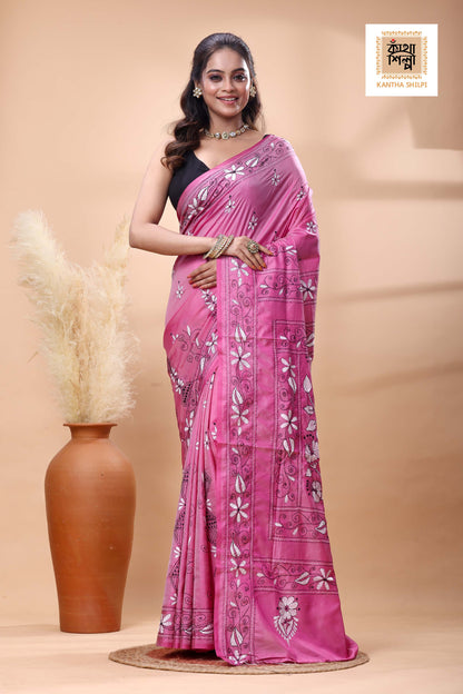 Pink Color Bangalore Silk Black White Color Thread Work Kantha Stitch Saree