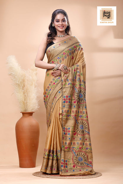 Beige Color Bangalore Silk Multicolor Thread Work Lambani Stitch Saree