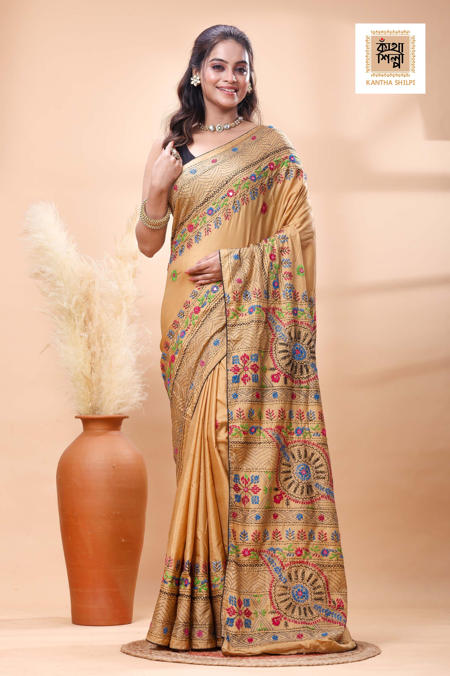Beige Color Bangalore Silk Multicolor Thread Work Lambani Stitch Saree