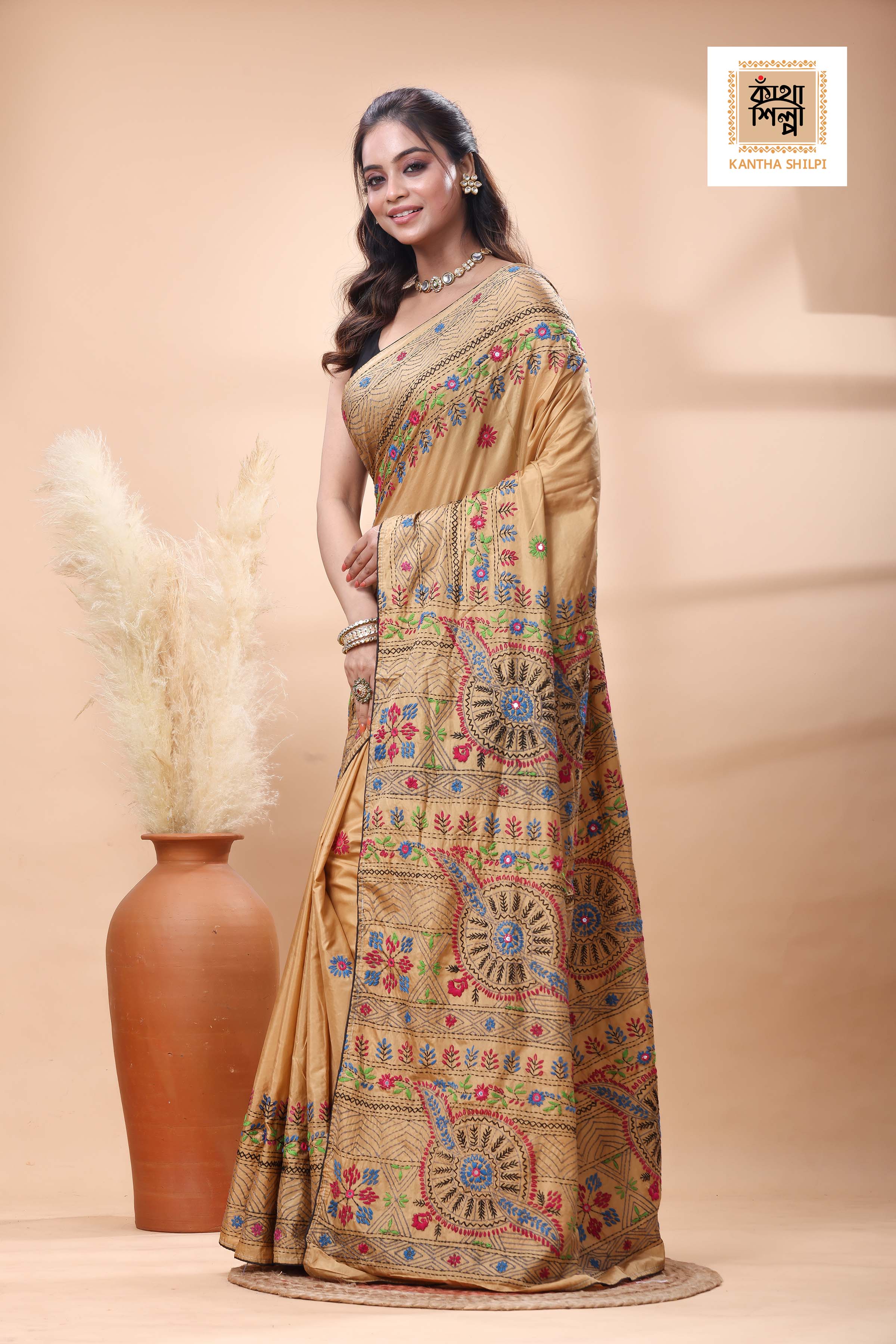 Beige Color Bangalore Silk Multicolor Thread Work Lambani Stitch Saree