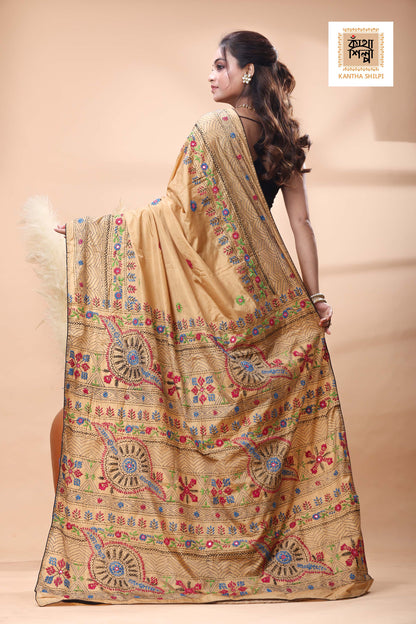 Beige Color Bangalore Silk Multicolor Thread Work Lambani Stitch Saree