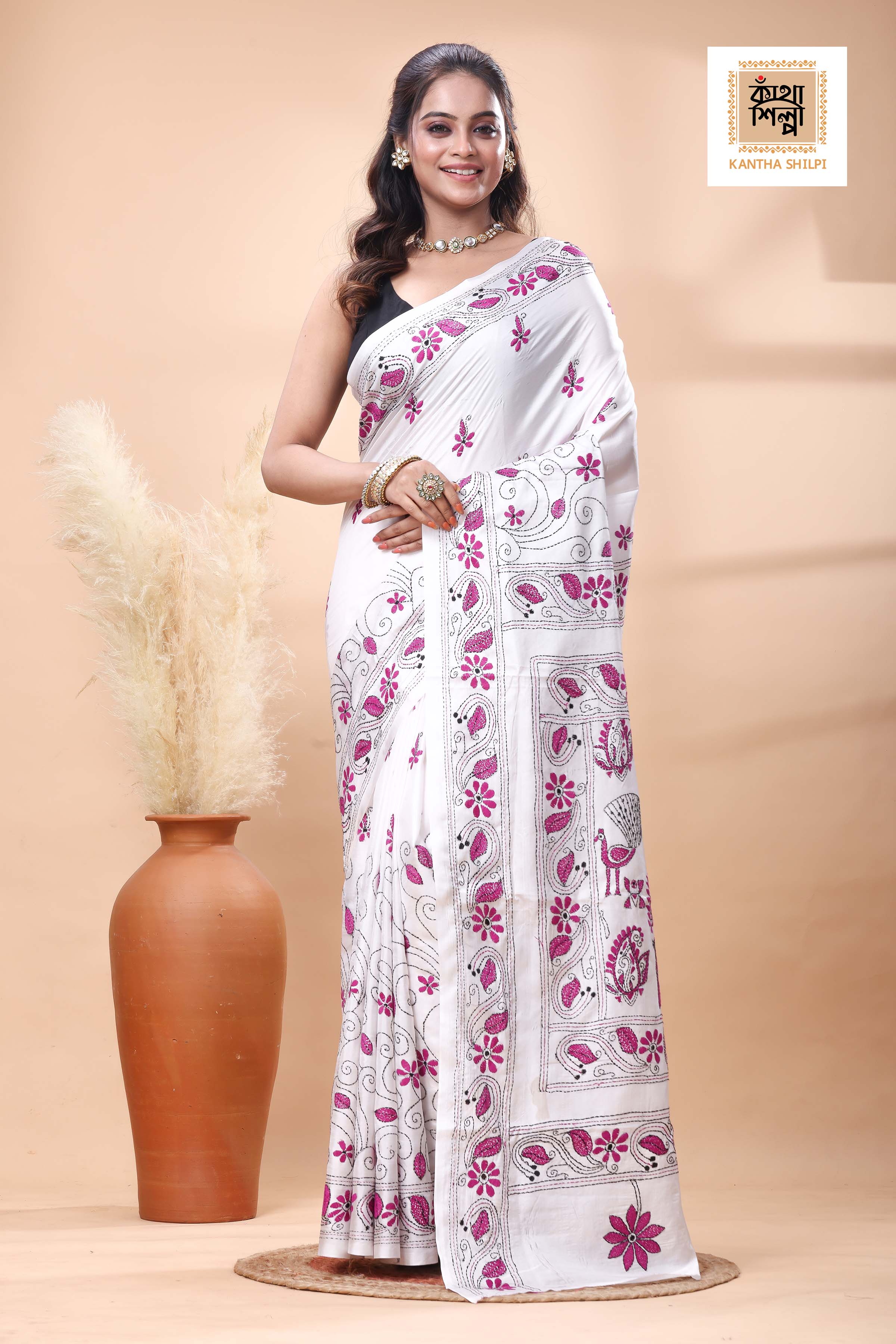 White Color Bangalore Silk Pink Black Color Thread Work Kantha Stitch Saree