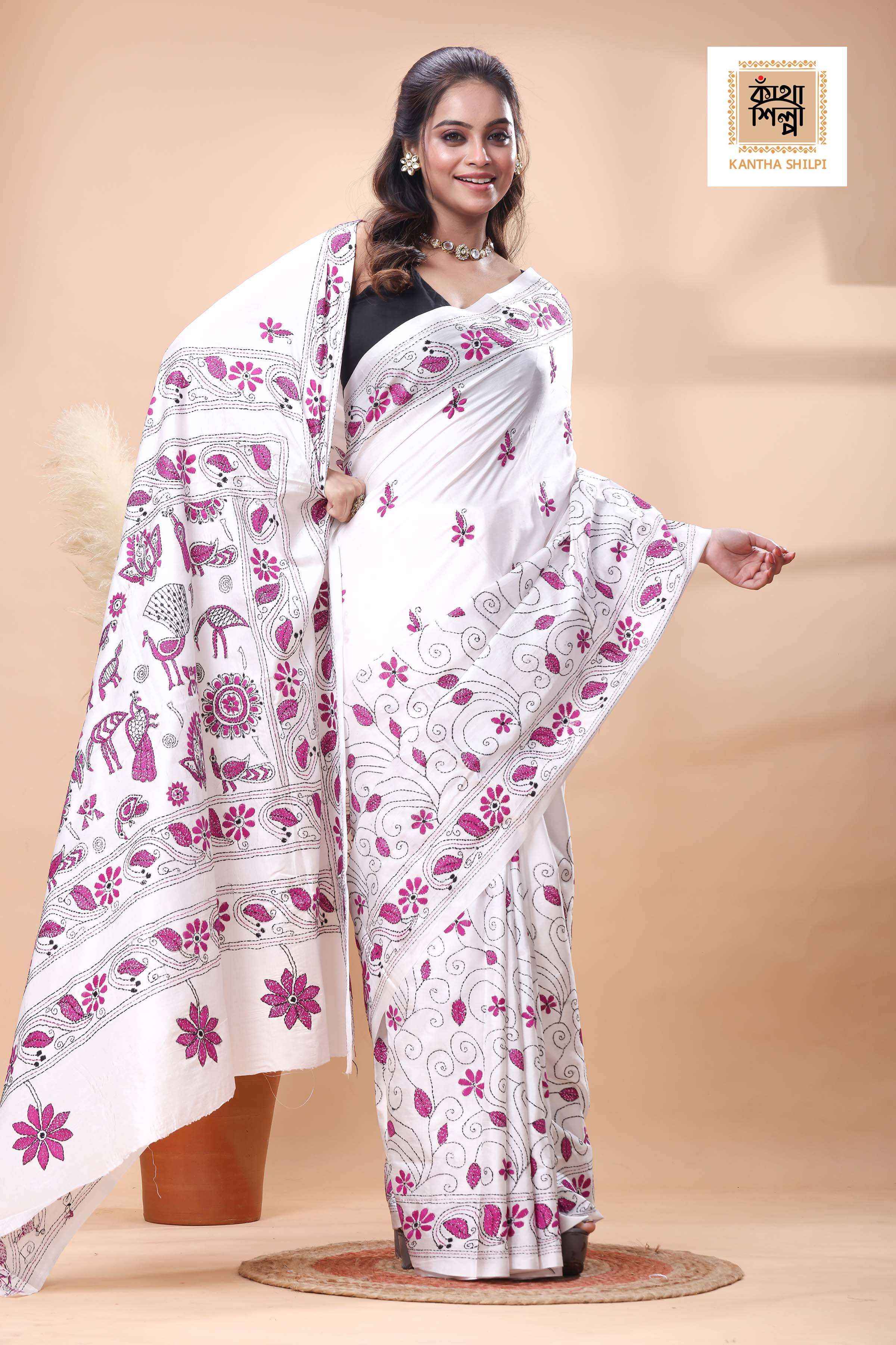 White Color Bangalore Silk Pink Black Color Thread Work Kantha Stitch Saree