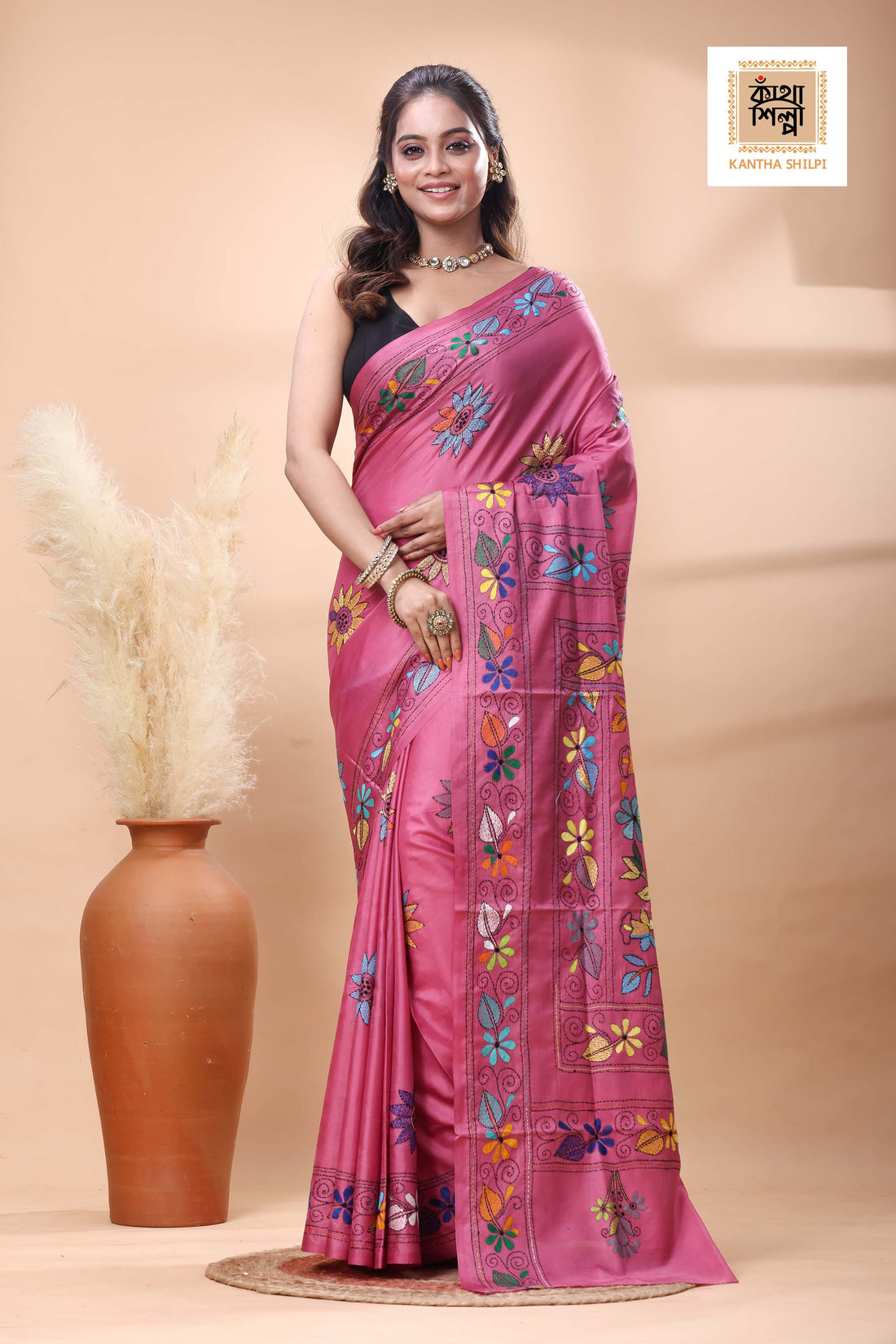 Reddish Pink Color Bangalore Silk Multicolor Thread Work Kantha Stitch Saree