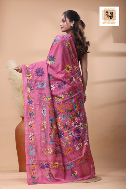 Reddish Pink Color Bangalore Silk Multicolor Thread Work Kantha Stitch Saree