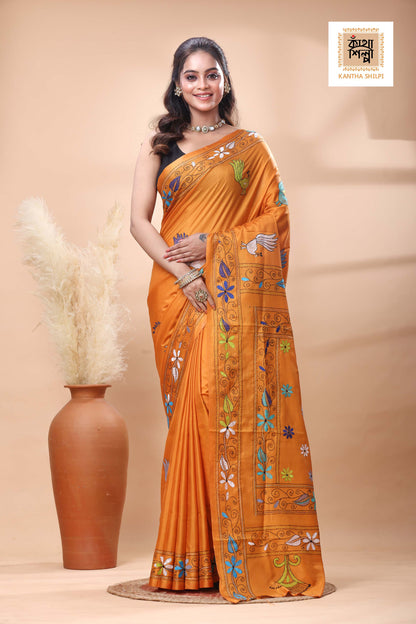 Yellow Color Bangalore Silk Multicolor Thread Work Kantha Stitch Saree