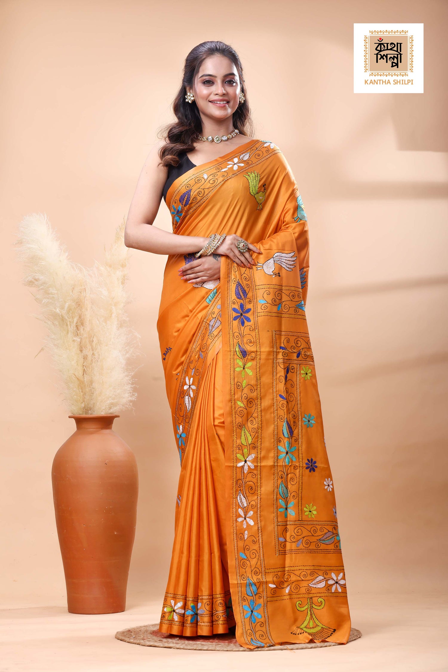 Yellow Color Bangalore Silk Multicolor Thread Work Kantha Stitch Saree