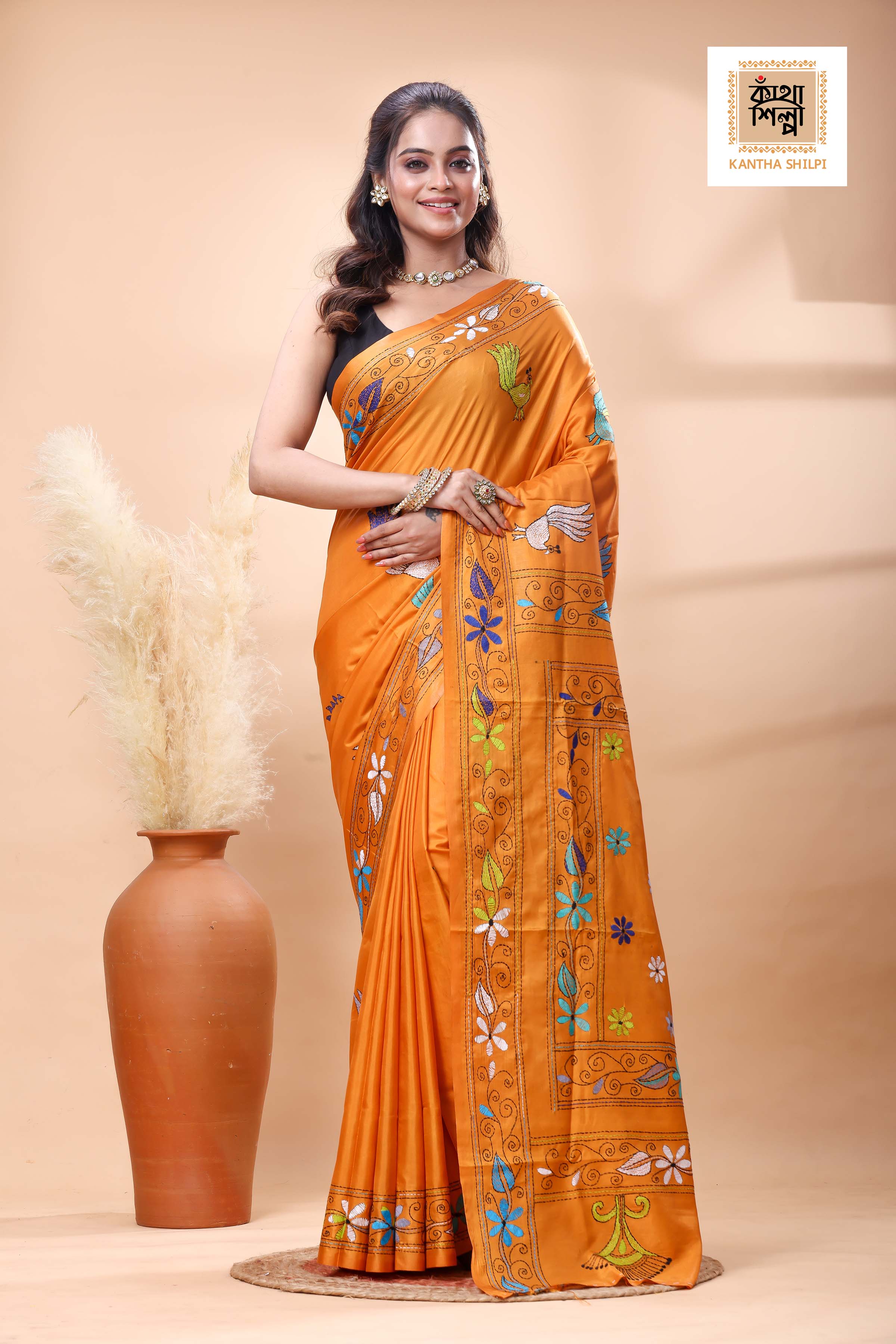 Yellow Color Bangalore Silk Multicolor Thread Work Kantha Stitch Saree