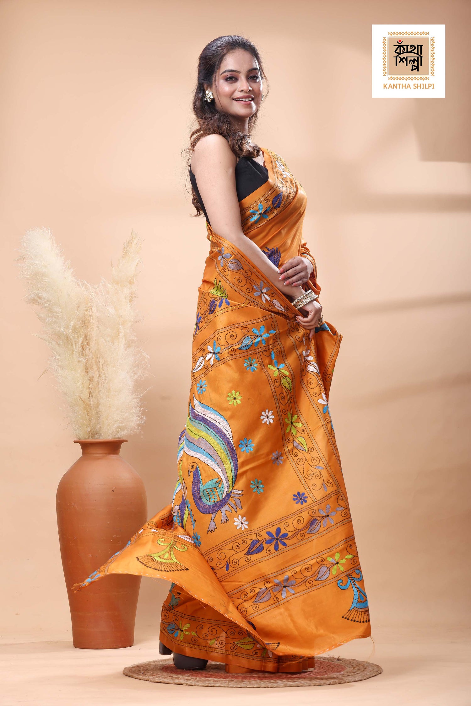 Yellow Color Bangalore Silk Multicolor Thread Work Kantha Stitch Saree
