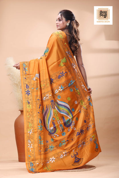 Yellow Color Bangalore Silk Multicolor Thread Work Kantha Stitch Saree