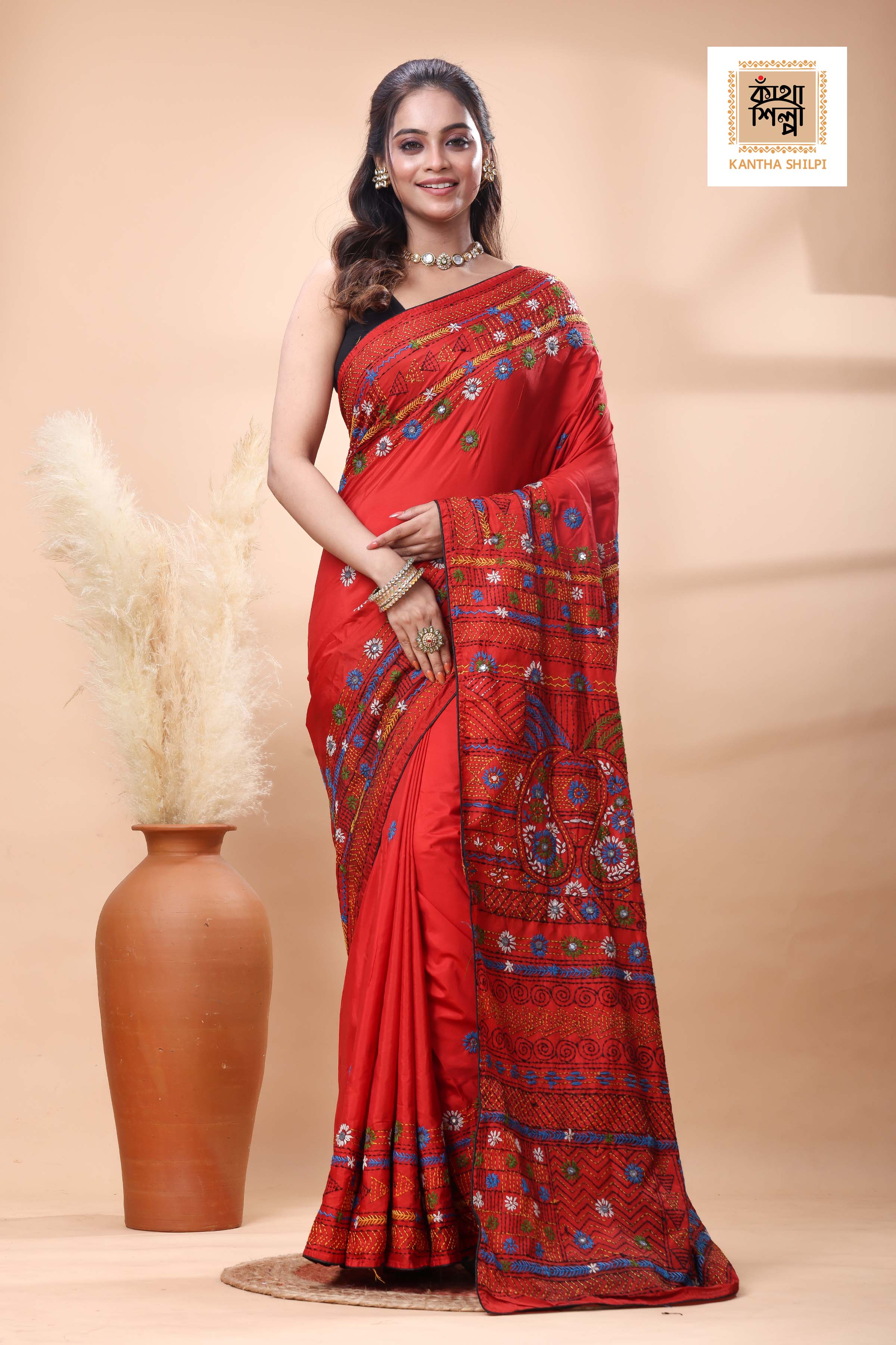 Red Color Bangalore Silk Multicolor Thread Work Lambani Stitch Saree
