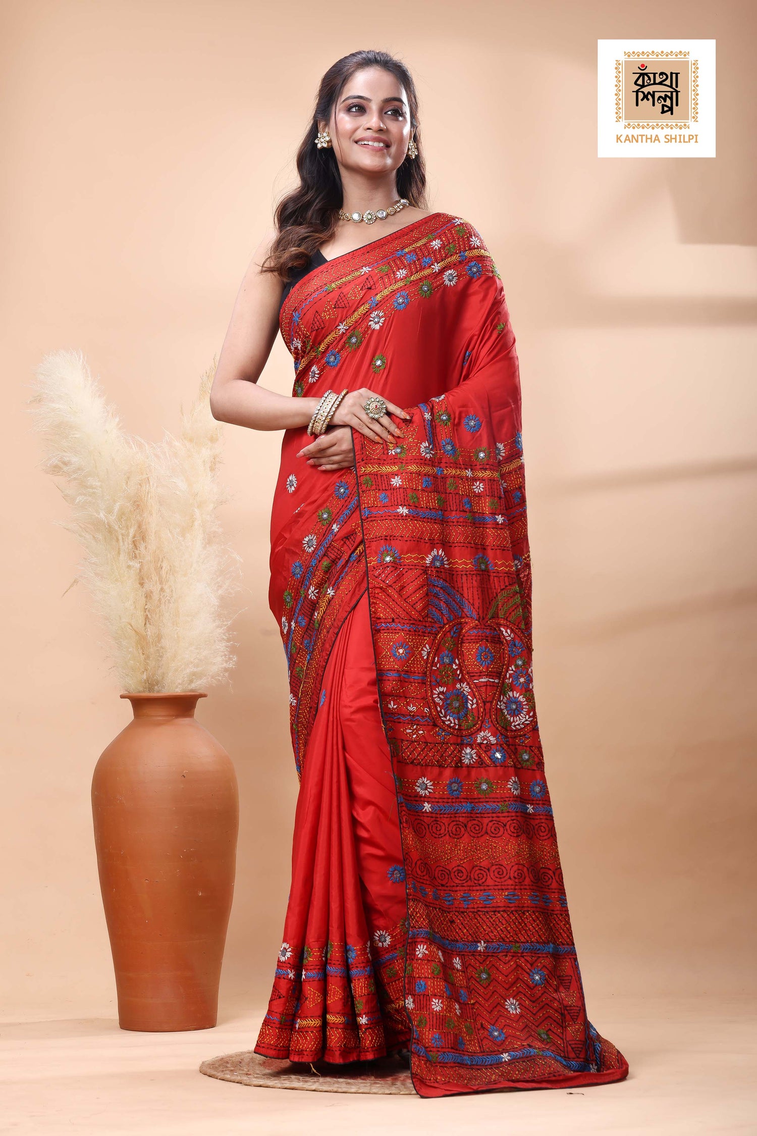 Red Color Bangalore Silk Multicolor Thread Work Lambani Stitch Saree