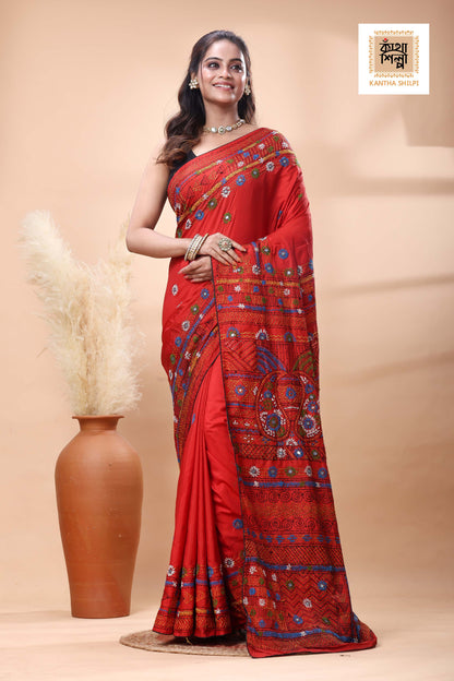 Red Color Bangalore Silk Multicolor Thread Work Lambani Stitch Saree