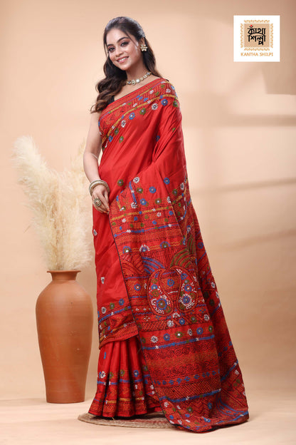 Red Color Bangalore Silk Multicolor Thread Work Lambani Stitch Saree