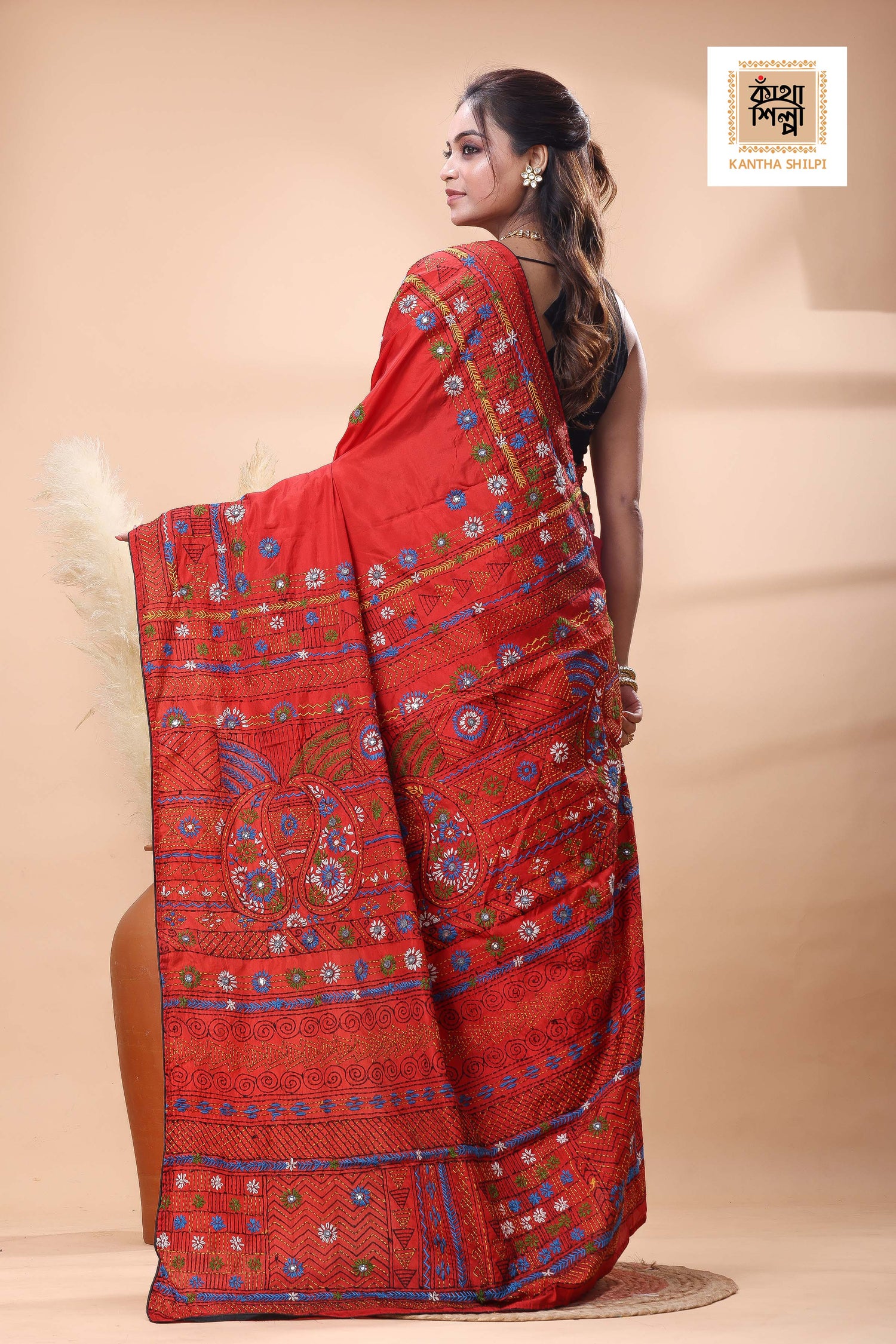 Red Color Bangalore Silk Multicolor Thread Work Lambani Stitch Saree