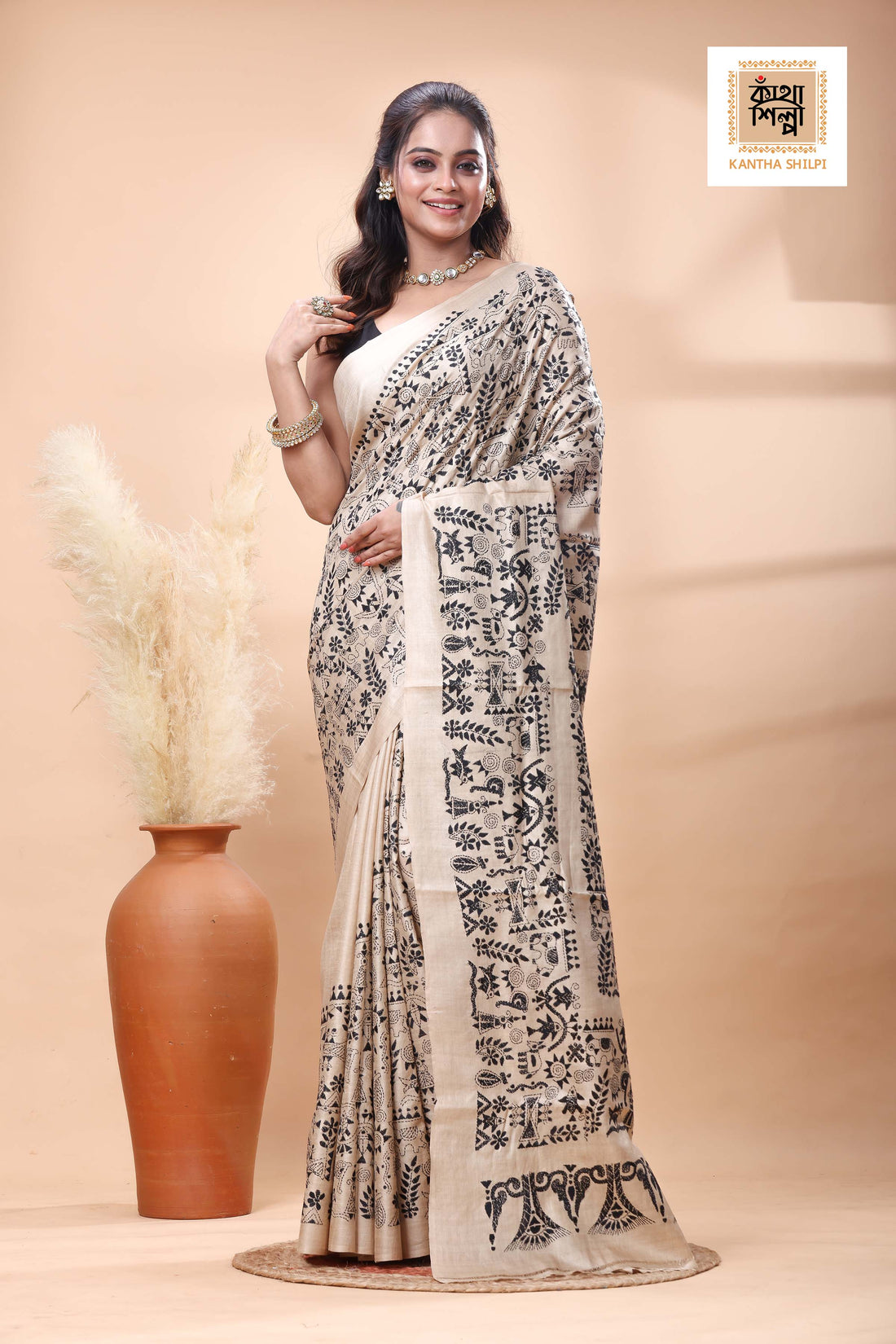 Pure Gachi Tussar Black Color Thread Work Kantha Stitch Saree