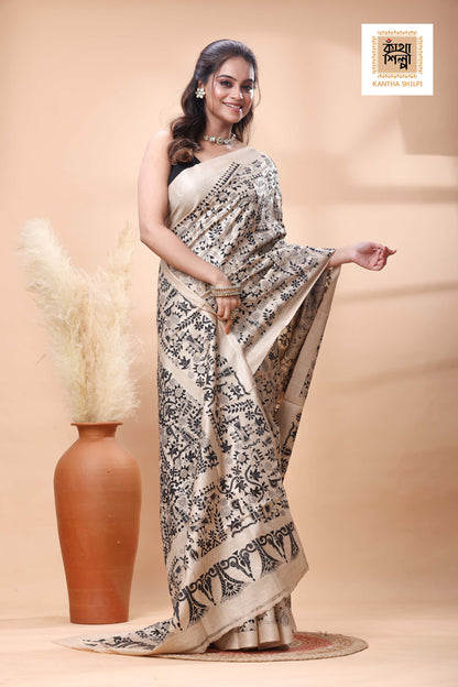 Pure Gachi Tussar Black Color Thread Work Kantha Stitch Saree