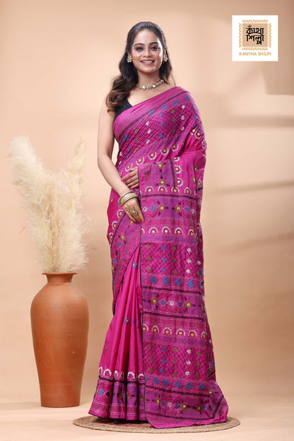 Rani Color Bangalore Silk Multicolor Thread Work Lambani Stitch Saree