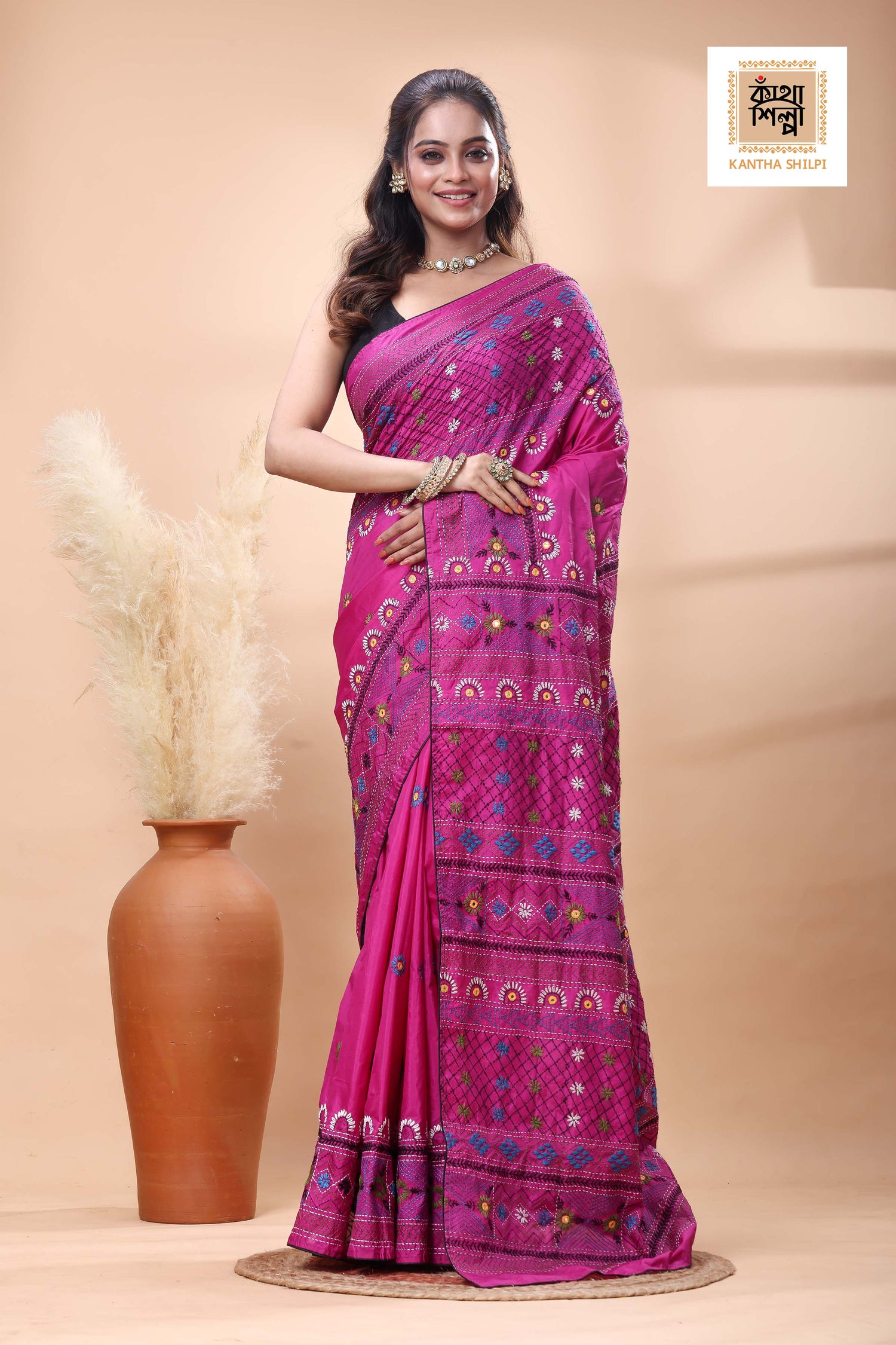 Rani Color Bangalore Silk Multicolor Thread Work Lambani Stitch Saree