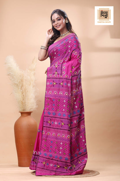 Rani Color Bangalore Silk Multicolor Thread Work Lambani Stitch Saree