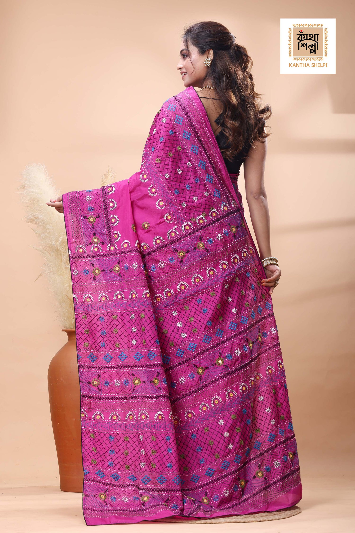 Rani Color Bangalore Silk Multicolor Thread Work Lambani Stitch Saree