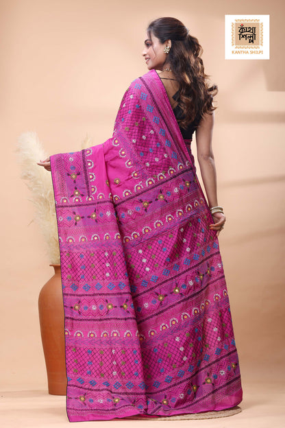 Rani Color Bangalore Silk Multicolor Thread Work Lambani Stitch Saree