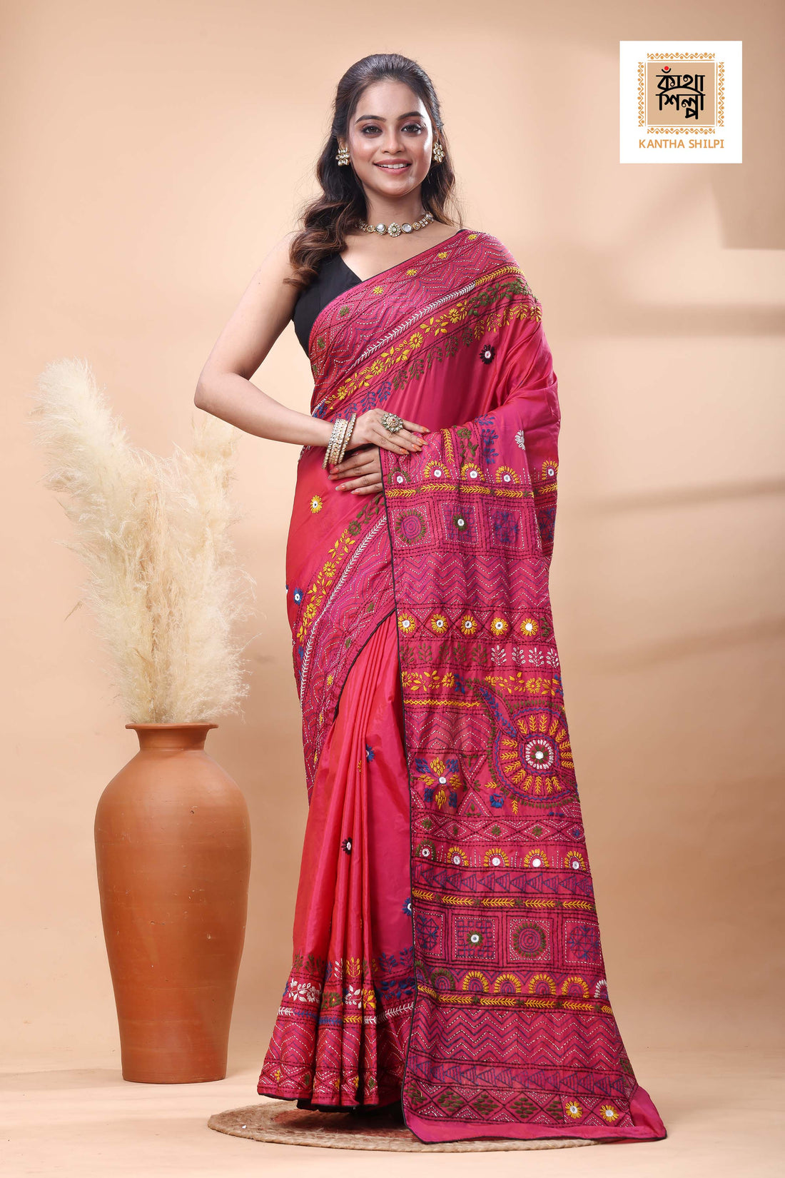 Red Color Bangalore Silk Multicolor Thread Work Lambani Stitch Saree