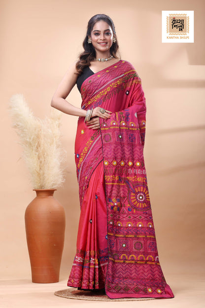 Red Color Bangalore Silk Multicolor Thread Work Lambani Stitch Saree