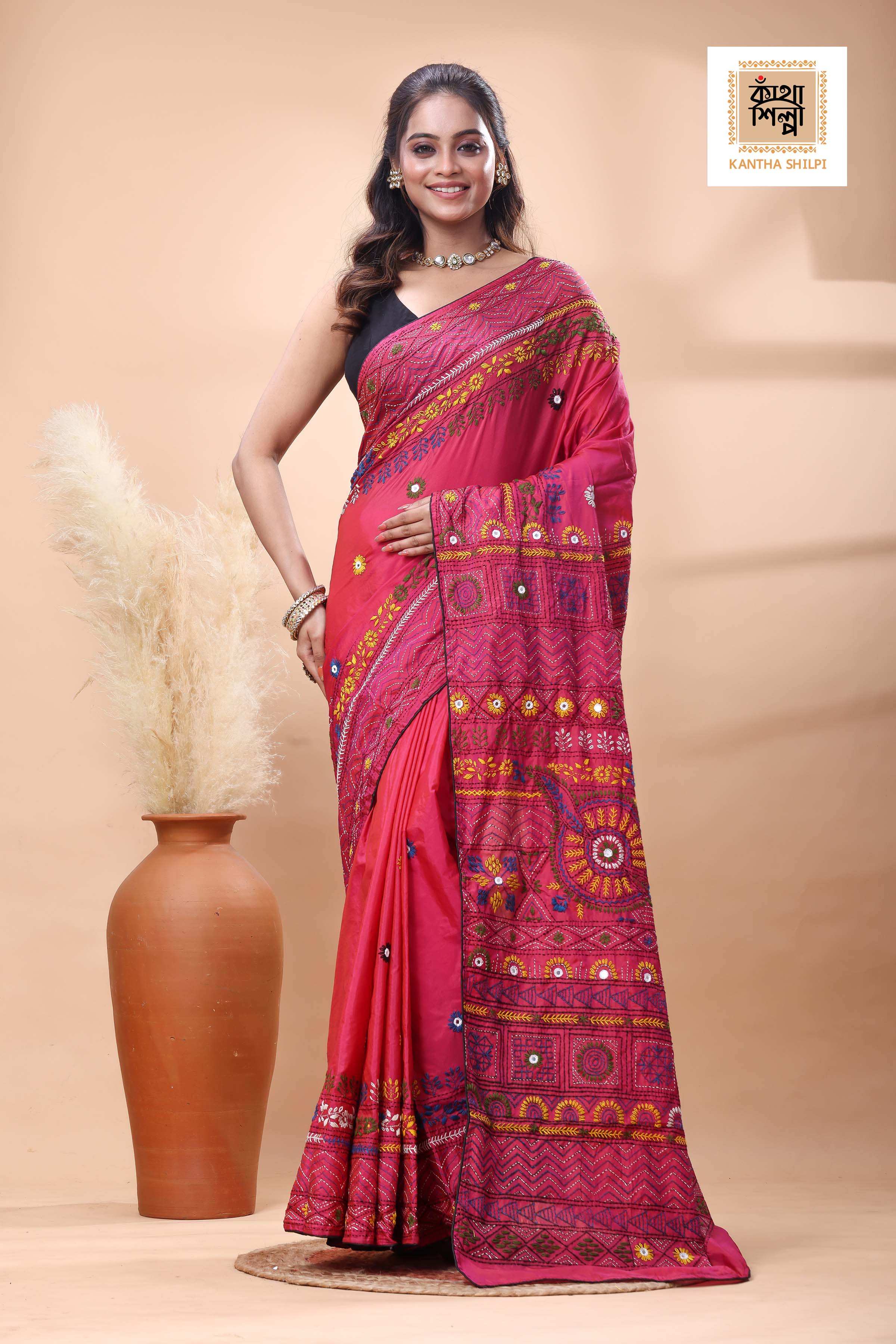 Red Color Bangalore Silk Multicolor Thread Work Lambani Stitch Saree
