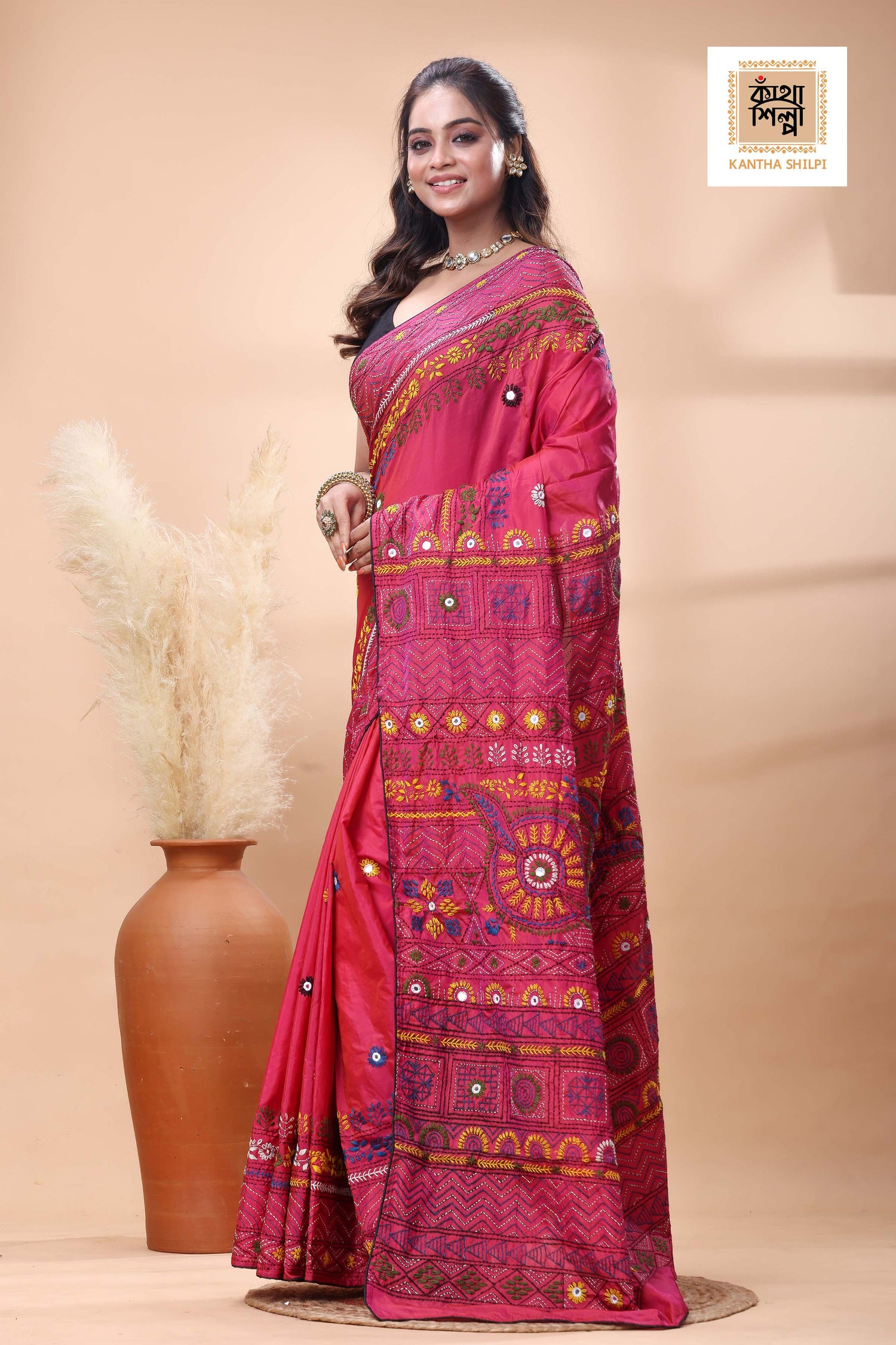 Red Color Bangalore Silk Multicolor Thread Work Lambani Stitch Saree