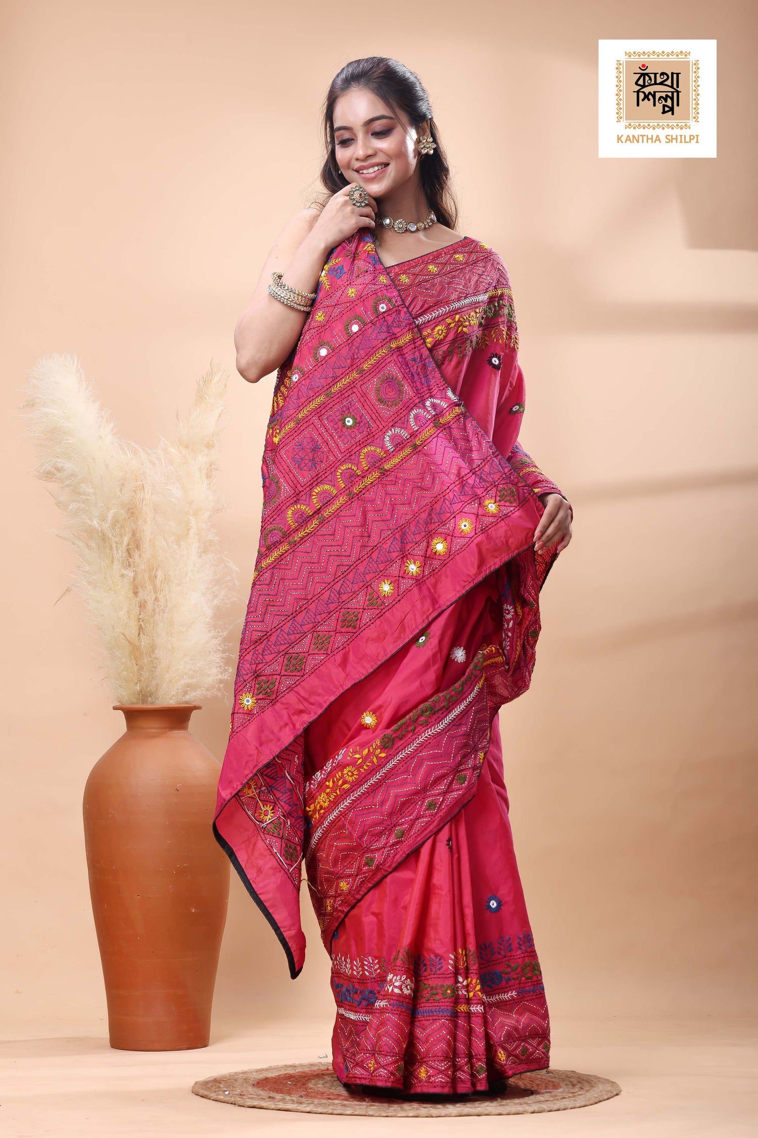 Red Color Bangalore Silk Multicolor Thread Work Lambani Stitch Saree