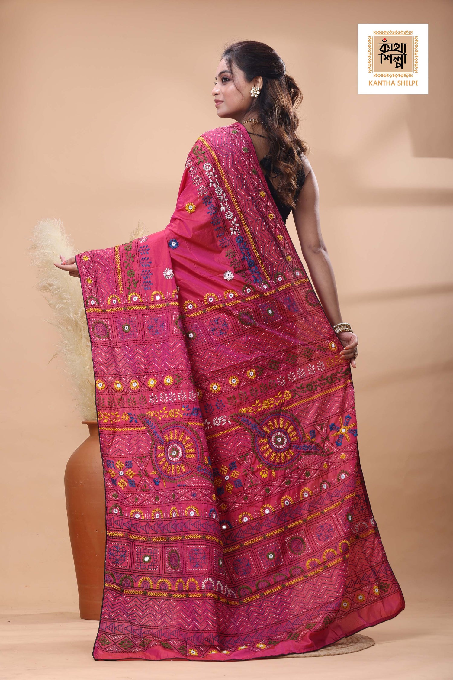 Red Color Bangalore Silk Multicolor Thread Work Lambani Stitch Saree