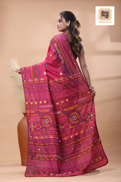 Red Color Bangalore Silk Multicolor Thread Work Lambani Stitch Saree