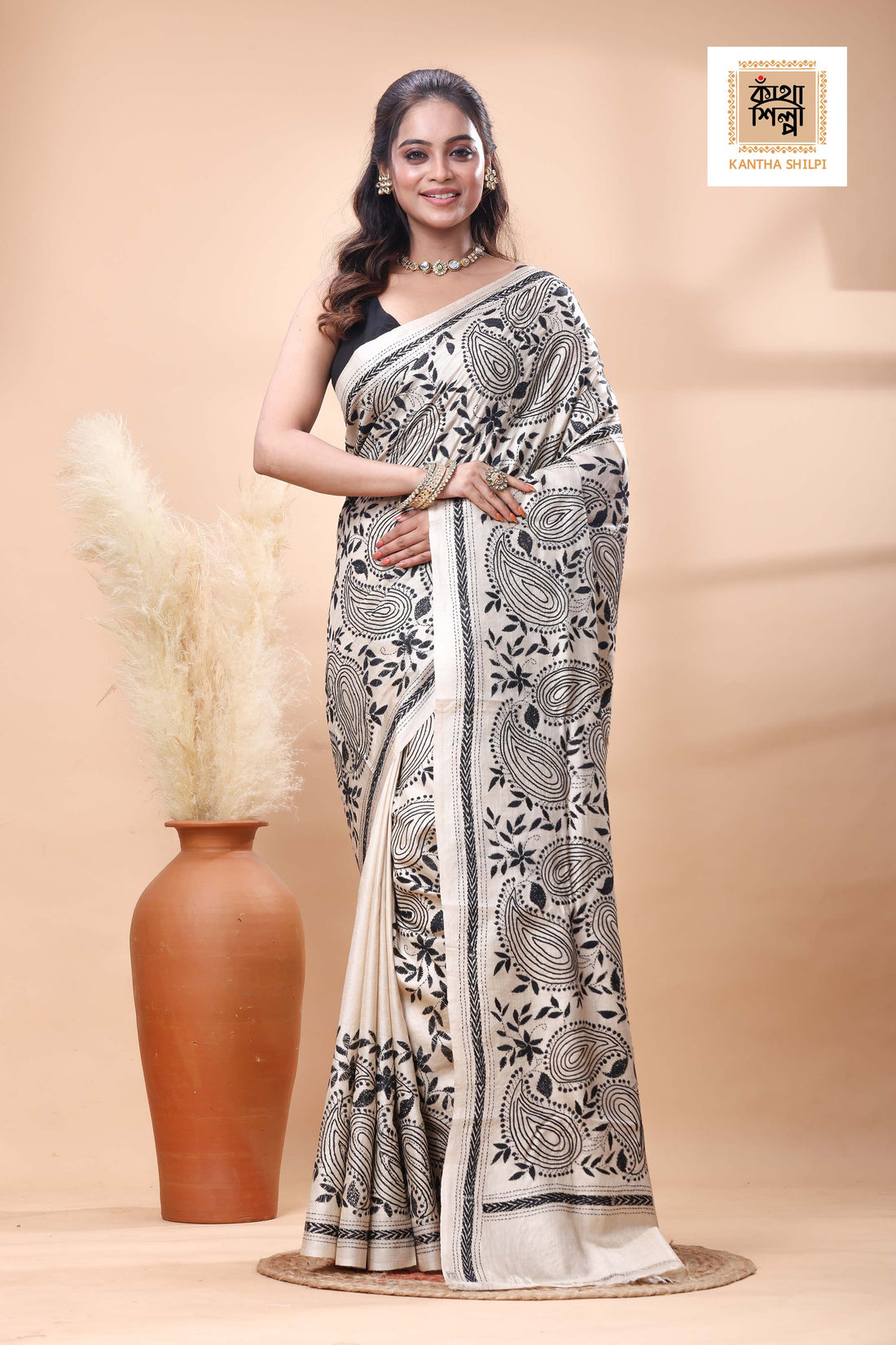 Pure Gachi Tussar Black Color Thread Work Kantha Stitch Saree