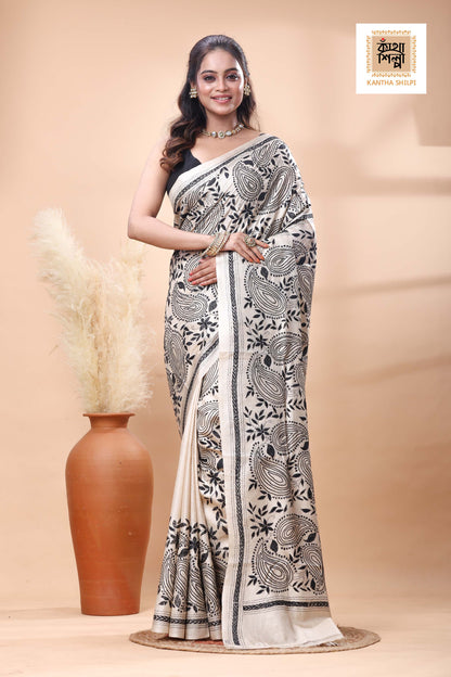 Pure Gachi Tussar Black Color Thread Work Kantha Stitch Saree