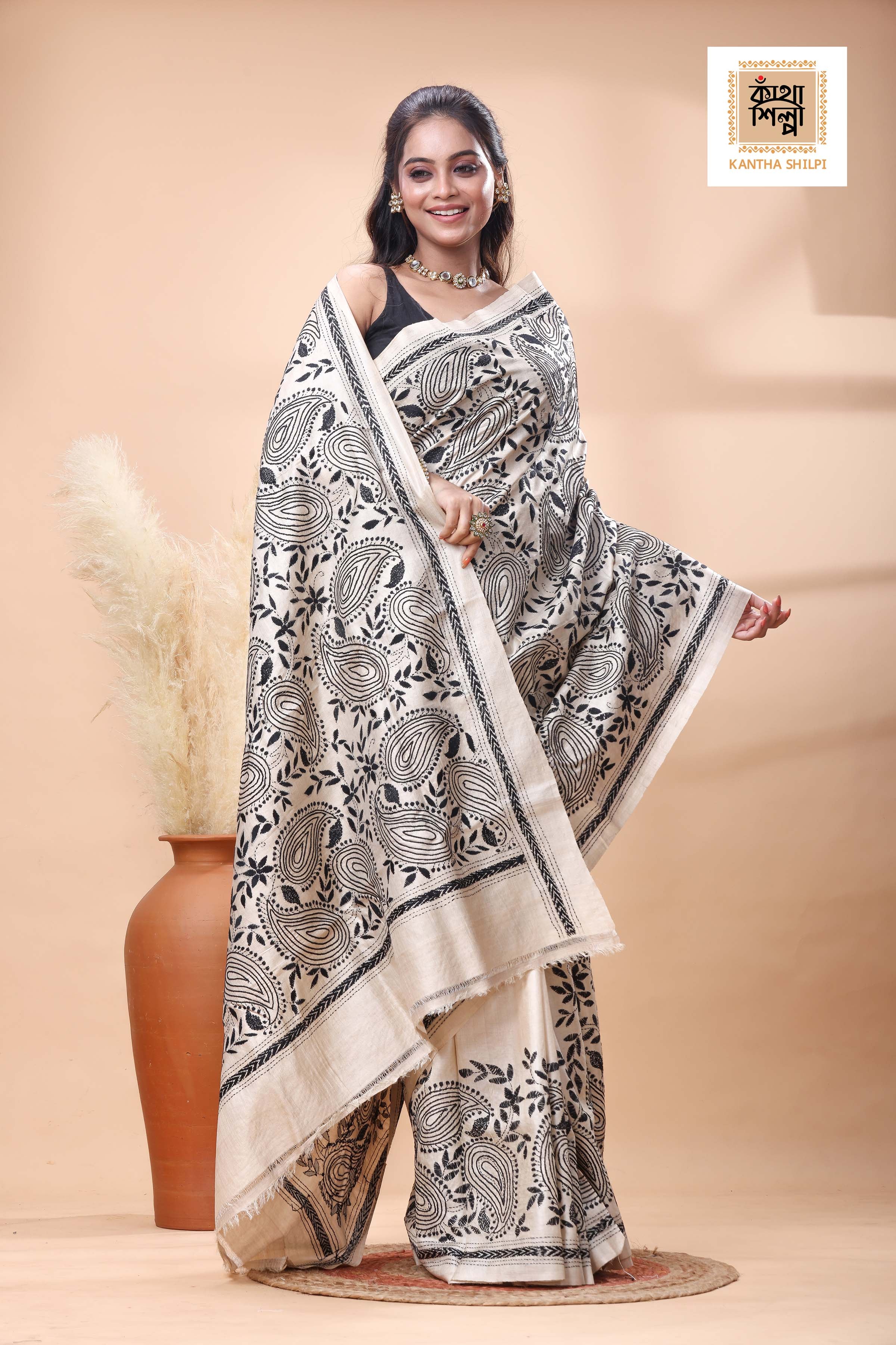 Pure Gachi Tussar Black Color Thread Work Kantha Stitch Saree