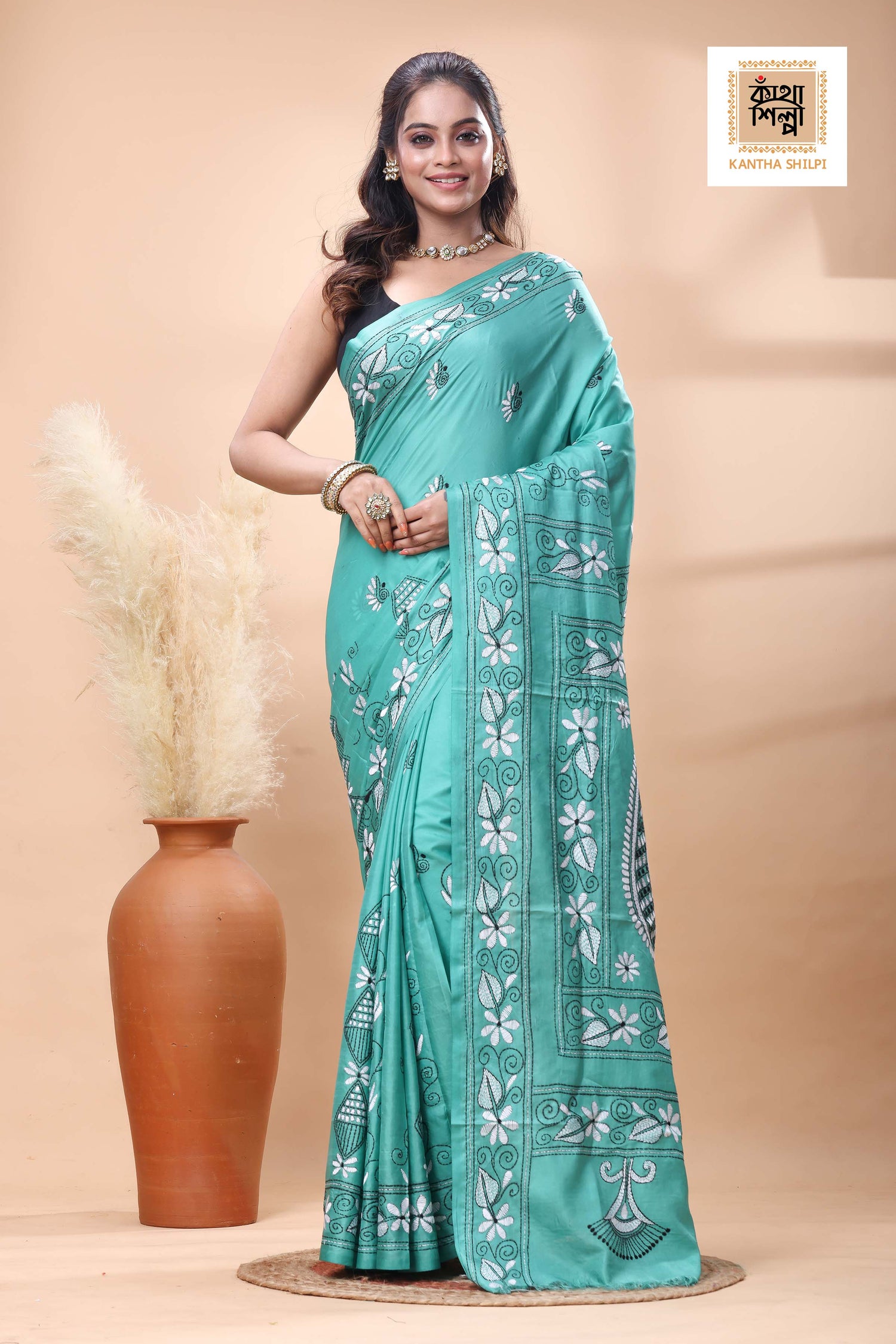 Teal Color Bangalore Silk White Black Color Thread Work Kantha Stitch Saree