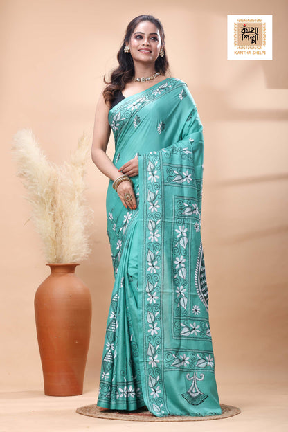 Teal Color Bangalore Silk White Black Color Thread Work Kantha Stitch Saree