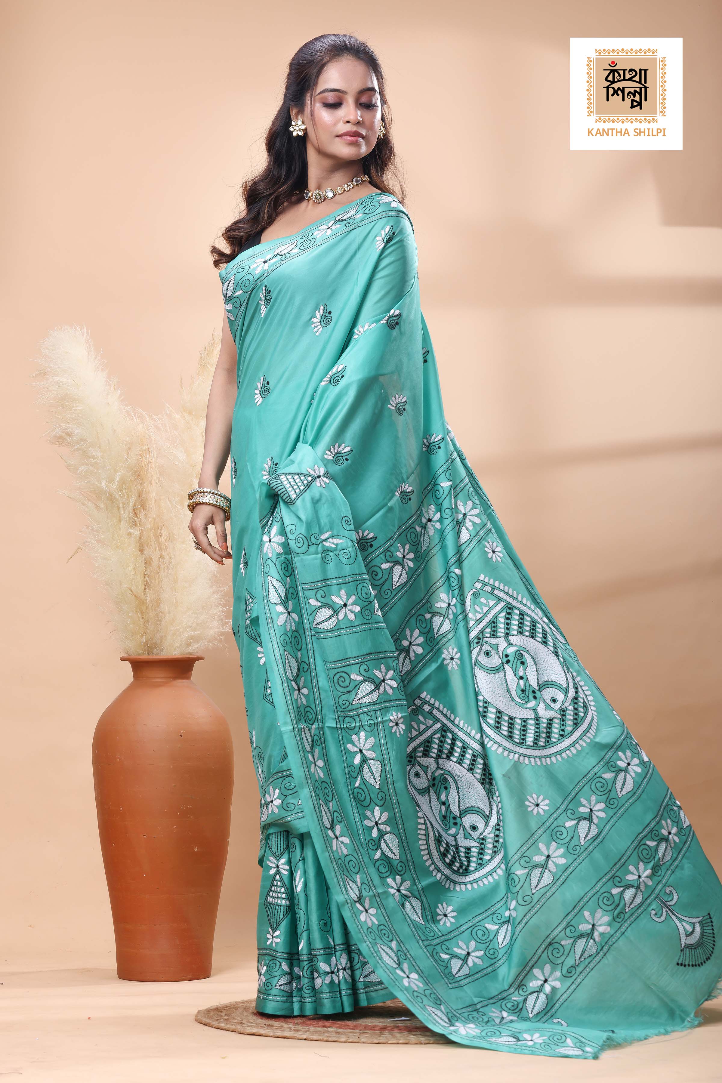 Teal Color Bangalore Silk White Black Color Thread Work Kantha Stitch Saree